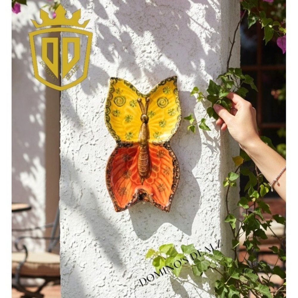 Italian Ceramic Butterfly Wall Plaque Hand Painted Orange Yellow 9.25"